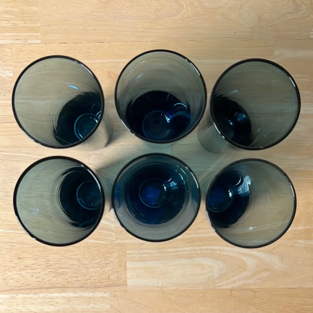 Crate & Barrel Set of Six Blue Stemless Flute Glasses